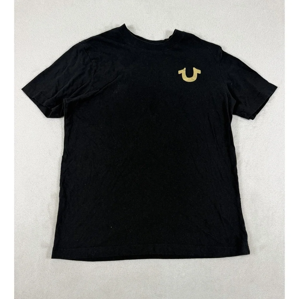 True Religion Mens Black Crew Neck T-Shirt Gold Metallic Horseshoe Logo Small